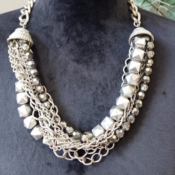 Womens Silver Tone Multiple Strand Chain & Beaded Necklace with Lobster Clasp - Picture 1 of 7